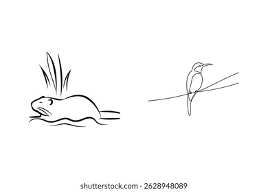 Minimalist line art depicting a water rat and a bird on a branch in black and white