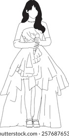 Minimalist line art depicting a woman in a sophisticated gown holding a microphone,exuding elegance.