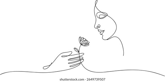 Minimalist Line Art Depicting a Woman Gazing at a Flower Held in Her Hand Symbolic and Thoughtful