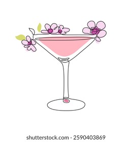 A minimalist line art depiction of a Cherry Martini Blossom cocktail in soft pink tones, highlighting the delicate cherry garnish and elegant glass design