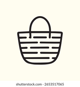 A minimalist line art depiction of a woven tote bag perfect for fashion design projects travel accessory illustrations or shopping icon needs