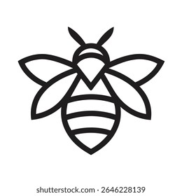 Minimalist line art depicts a solitary honey bee. The insect features symmetrical wings, a striped abdomen, and distinctive antenna against a white backdrop for versatility.