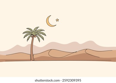 Minimalist Line Art of Desert Landscape with Palm Tree, Crescent Moon, and Star