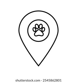 Minimalist line art design combining a map location marker and pet paw print. Perfect for pet services, veterinary clinics, animal tracking apps, and pet-friendly location mapping.