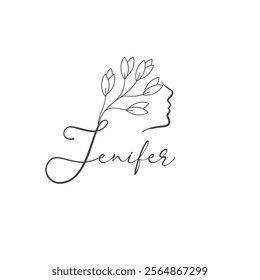 A minimalist line art design featuring the profile of a face intertwined with a branch of flowers, accompanied by the name 'Jenifer' written in elegant cursive.