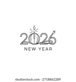 Diseño minimalista de arte de línea que presenta el año 2026 con una bengala estilizada y fuegos artificiales, que simbolizan nuevos comienzos y celebraciones festivas.