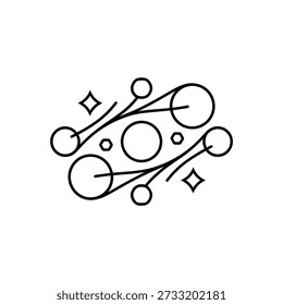 Un diseño minimalista de arte lineal con Formas geométricas abstractas, círculos y Elementos de estrellas dispuestos en un patrón simétrico.