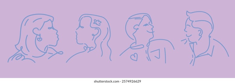 Minimalist line art of diverse people, featuring abstract profiles of men and women. Simple, artistic, and diverse, highlighting minimalist line art style. Doodle vector set.