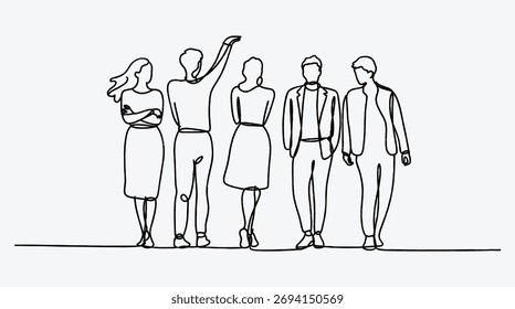 Linha arte minimalista de equipe diversificada de pé juntos no ambiente de negócios