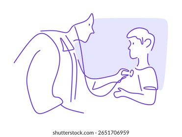 linha de arte minimalista de um médico usando um estetoscópio para examinar uma criança. 