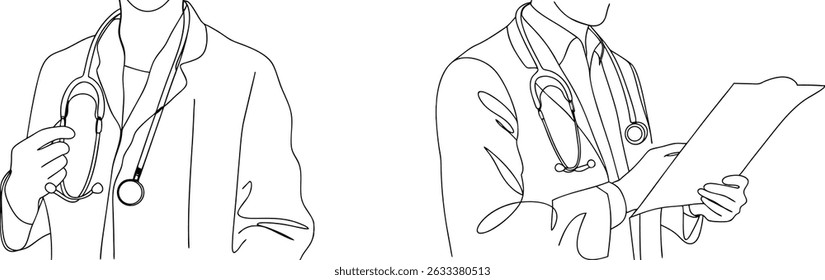 Minimalist line art of doctors with stethoscopes and medical consultation forms