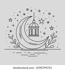 Minimalist line art doodles featuring a crescent moon with stars, a subtle lantern, and delicate floral motifs. Perfect for the holy month of Ramadan designs.