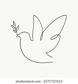 Minimalist line art of a dove holding an olive branch. Simple, elegant design symbolizing peace and harmony. Dove and olive branch in one line. Simple black line art doodle vector.