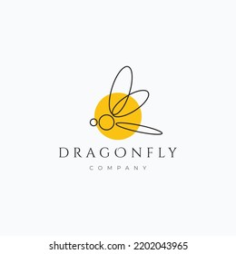 Minimalist line art dragonfly logo vector illustration design. Simple modern insect logo concept. Dragonfly flying on sunset.