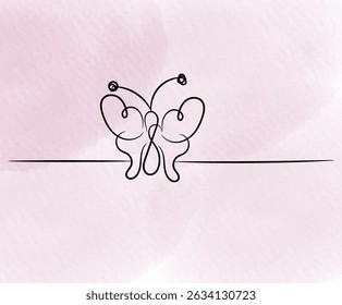 Minimalist line art drawing of a butterfly on a light pink watercolor background for design elements.