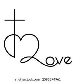 Minimalist line art drawing with cross integrated with a heart and the word Love in elegant script. A symbolic representation of Christian faith, love, and devotion.Emlem, logo, tattoo, print.Vector 