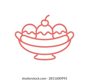 A minimalist line art drawing depicting a classic banana split, featuring three scoops of ice cream, a banana, and a cherry on top, presented in a traditional dessert bowl.