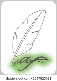 a minimalist line art drawing of a feather in black, with the word "leaf" written in a flowing script beneath it.