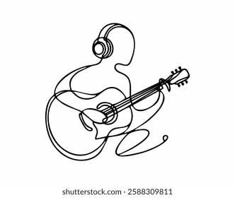 Minimalist line art drawing guitarist silhouette acoustic guitar player headphones music black and white illustration