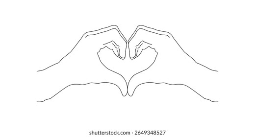 Desenho minimalista de Mãos formando uma Forma de Coração. Uma ilustração de arte de linha preta simples e limpa de duas mãos se unindo para formar uma forma de coração, simbolizando amor, cuidado e carinho.
