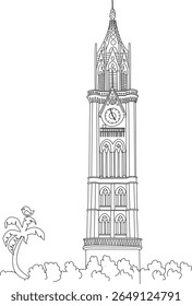 Minimalist line art drawing of the historic Rajabai Clock Tower, a famous Victorian Gothic architectural landmark in Mumbai.