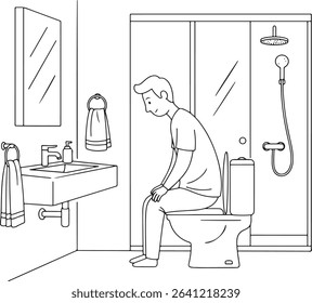 A minimalist line art drawing of a simple man using a toilet in a washroom