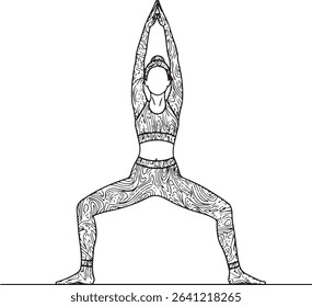 A minimalist line art drawing of a simple figure in a yoga pose, perhaps a warrior pose