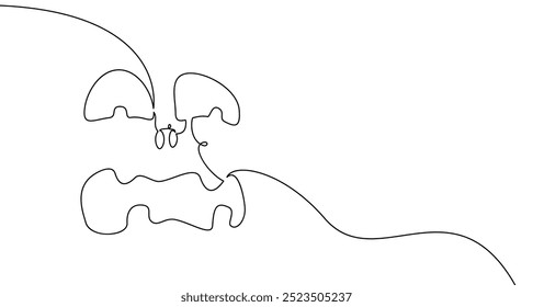 Um desenho de arte em linha minimalista de um rosto assustador com olhos exagerados e uma boca ondulada. Ilustração vetorial para desenhos de Halloween ou abstratos.