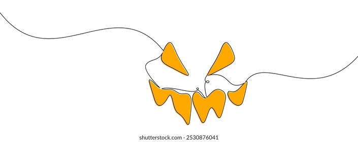 A minimalist line art drawing of a spooky face featuring sharp eyes and jagged orange teeth. Vector illustration for Halloween-themed or abstract designs.