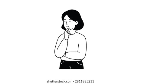 Minimalist Line Art Drawing of a Thinking Woman Pondering a Decision with Her Hand on Her Chin