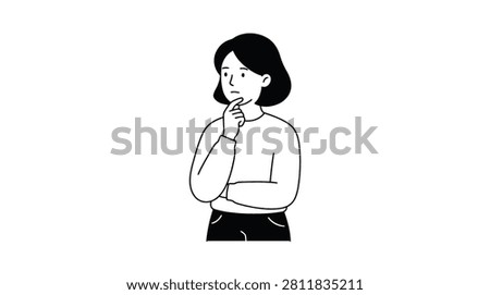 Minimalist Line Art Drawing of a Thinking Woman Pondering a Decision with Her Hand on Her Chin