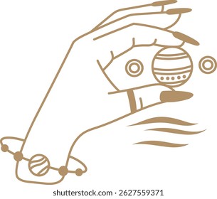 Desenho de arte de linha minimalista da mão de uma mulher com unhas longas e pulseira segurando planetas, conceito esotérico e místico, boho estilo ilustração