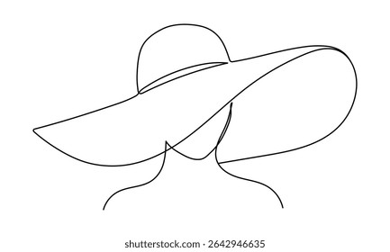 Minimalist line art of an elegant woman wearing a wide-brim hat , symbolizing style, grace, and femininity. Fashionable Woman in Hat Line Drawing Logo Editable stroke