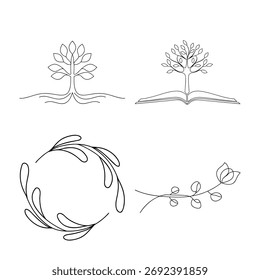 Minimalist line art elements tree book wreath branch flower vector