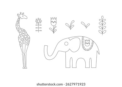 Minimalist line art of an elephant, giraffe, and plants against a white background. Clean contours, elegant simplicity, natural harmony. Perfect for posters, decor, textiles, or eco-branding.