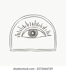 Minimalist line art of an eye. Eye illustration with bold lines. Eye drawing with radiating lines. Simple eye sketch in black and white. Vintage illustration isolated on white, vector.