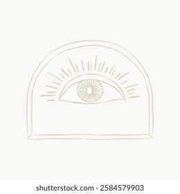 Minimalist line art of an eye within an arch. Simple eye design with rays. Eye symbol in a neutral tone. Elegant and artistic eye illustration. Vintage art illustration, vector.