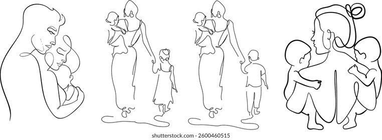 Minimalist line art of family moments featuring baby, mother, and father in loving poses – perfect for nursery decor and parenting themes, wall decor