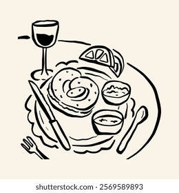 A minimalist line art featuring a bagel, wine, and small sides, ideal for a unique breakfast aesthetic.