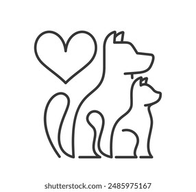 Minimalist Line Art Featuring A Dog, A Cat, And A Heart Symbol, Representing Love For Animals, Affection For Pets