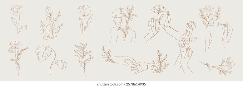 Minimalist line art featuring floral designs and human figures. Elegant line art with flowers, hands, and faces. Delicate floral and human line art. Cute hand drawn floral elements, vector set.