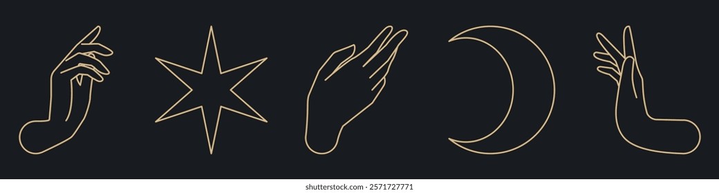 Minimalist line art featuring hands, a star, and a crescent moon. Elegant hand designs and celestial symbols in a simple, artistic style. Doodle element vector set.