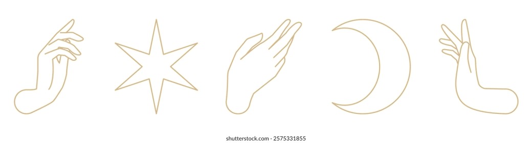 Minimalist line art featuring hands and celestial symbols. Delicate hands, stars, and crescent moon create a mystical, artistic design. Elegant line art, celestial theme. Doodle element vector set.