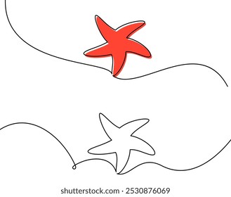 Minimalist line art featuring a red and white starfish in an abstract, flowing design. Vector illustration.