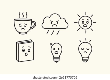 A minimalist line art featuring sad-faced objects like a coffee cup, cloud, sun, book, and lightbulbs, expressing a range of negative emotions.