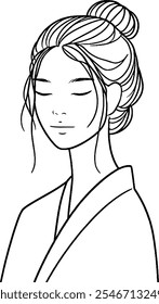 minimalist line art, female character illustration, Asian-inspired art, serene expression, 