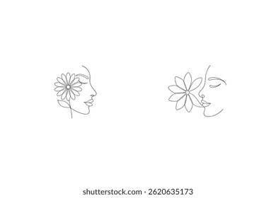 Arte De Linha Minimalista De Rostos Femininos Adornados Com Margarida Flores No Fundo Branco