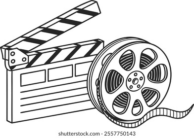 Minimalist Line Art of Film Reel and Clapperboard Illustration