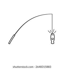 Minimalist line art of a fishing rod pulling up a fish, perfect for outdoor hobby content, angling graphics, sport fishing guides, or recreational nature-themed vector illustrations.