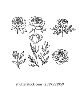 Arte minimalista de la línea de flores, rosas y subgrupos frondosos, en un estilo blanco y negro. Diseño botánico elegante y sencillo.